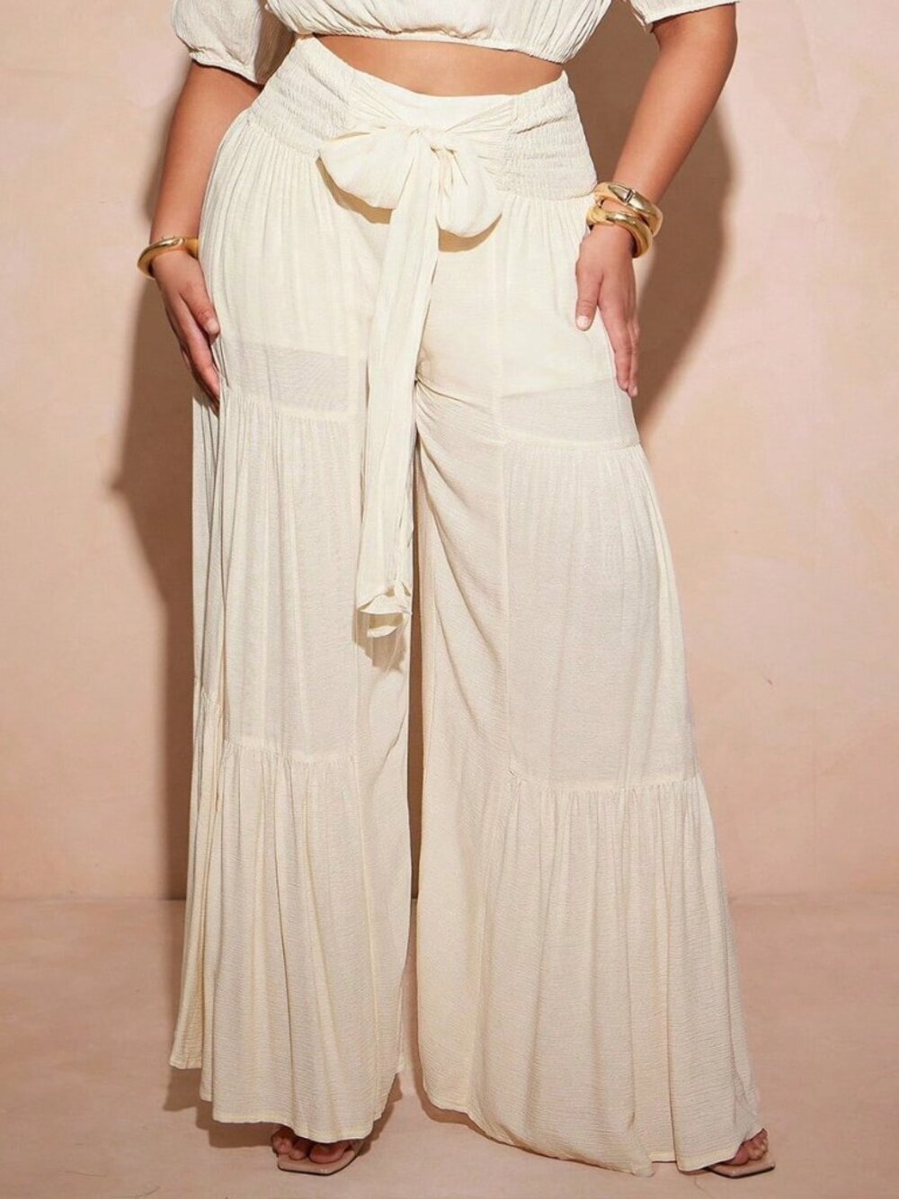 Apricot Casual Women's Plus Size Shirred Bowknot High Waist Tiered Pants - Picture 4 of 5